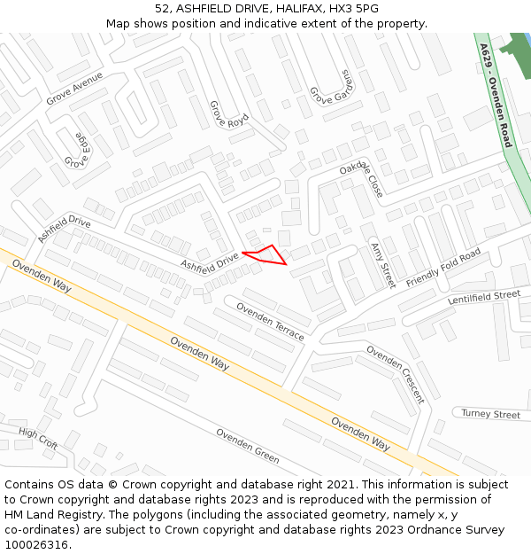 52, ASHFIELD DRIVE, HALIFAX, HX3 5PG: Location map and indicative extent of plot