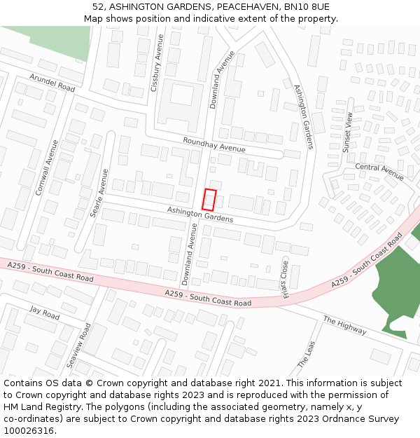 52, ASHINGTON GARDENS, PEACEHAVEN, BN10 8UE: Location map and indicative extent of plot