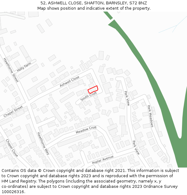 52, ASHWELL CLOSE, SHAFTON, BARNSLEY, S72 8NZ: Location map and indicative extent of plot