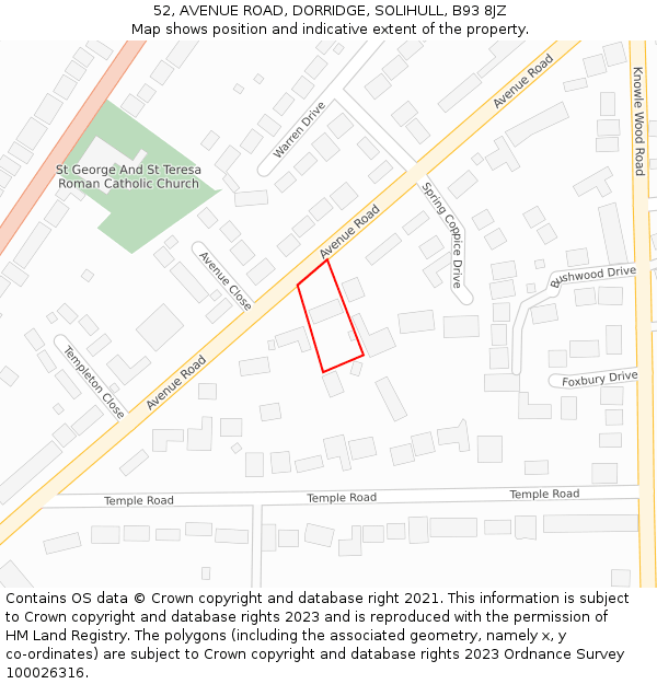 52, AVENUE ROAD, DORRIDGE, SOLIHULL, B93 8JZ: Location map and indicative extent of plot