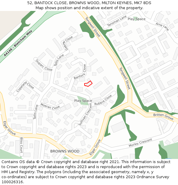 52, BANTOCK CLOSE, BROWNS WOOD, MILTON KEYNES, MK7 8DS: Location map and indicative extent of plot