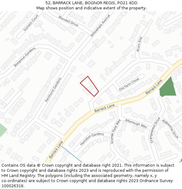 52, BARRACK LANE, BOGNOR REGIS, PO21 4DD: Location map and indicative extent of plot