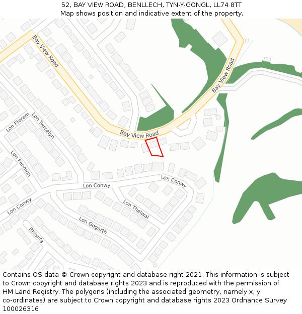 52, BAY VIEW ROAD, BENLLECH, TYN-Y-GONGL, LL74 8TT: Location map and indicative extent of plot