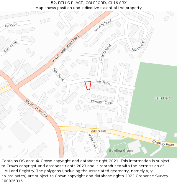 52, BELLS PLACE, COLEFORD, GL16 8BX: Location map and indicative extent of plot