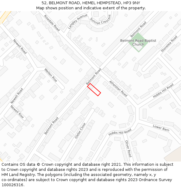 52, BELMONT ROAD, HEMEL HEMPSTEAD, HP3 9NY: Location map and indicative extent of plot