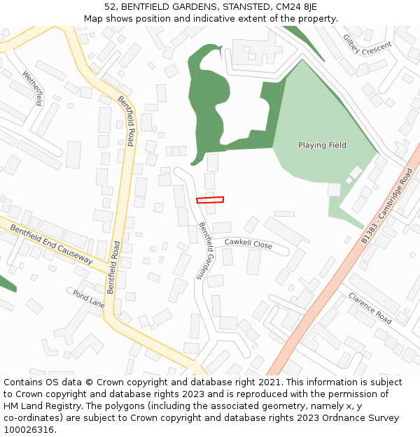 52, BENTFIELD GARDENS, STANSTED, CM24 8JE: Location map and indicative extent of plot