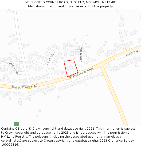 52, BLOFIELD CORNER ROAD, BLOFIELD, NORWICH, NR13 4RT: Location map and indicative extent of plot