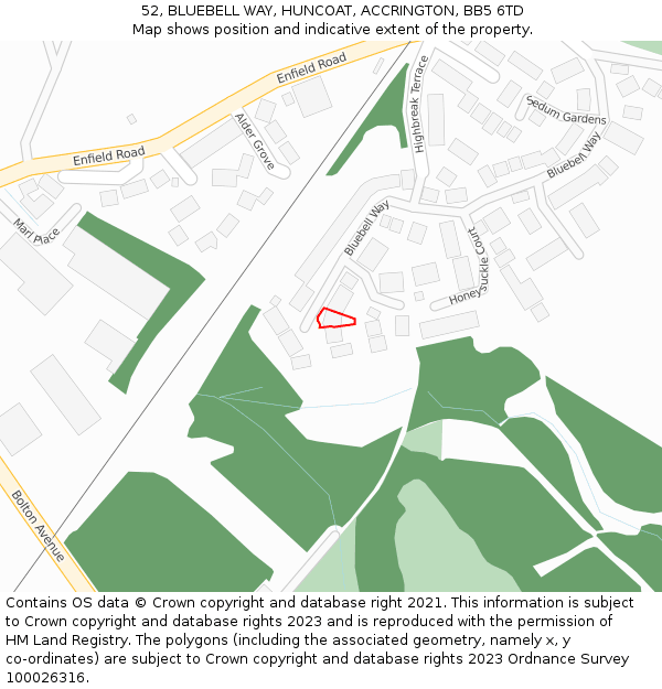 52, BLUEBELL WAY, HUNCOAT, ACCRINGTON, BB5 6TD: Location map and indicative extent of plot