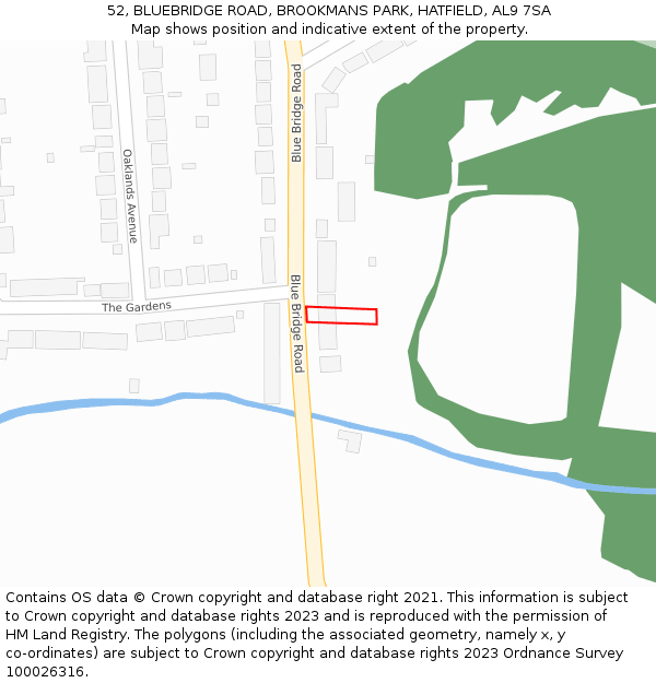 52, BLUEBRIDGE ROAD, BROOKMANS PARK, HATFIELD, AL9 7SA: Location map and indicative extent of plot