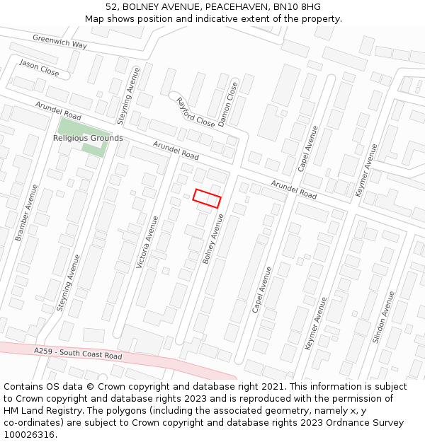 52, BOLNEY AVENUE, PEACEHAVEN, BN10 8HG: Location map and indicative extent of plot