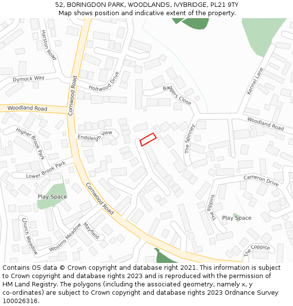52, BORINGDON PARK, WOODLANDS, IVYBRIDGE, PL21 9TY: Location map and indicative extent of plot