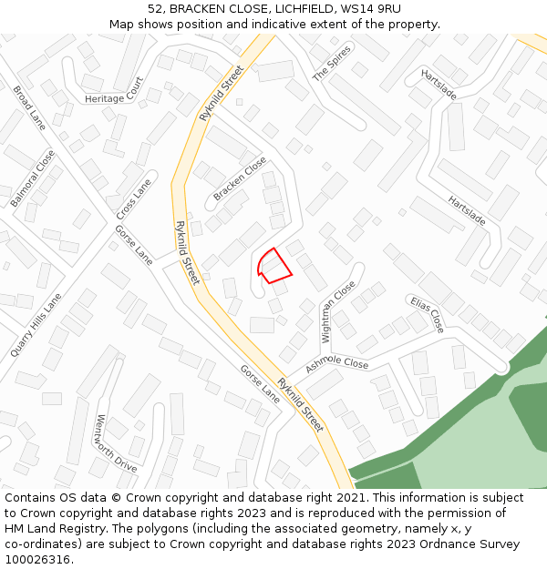 52, BRACKEN CLOSE, LICHFIELD, WS14 9RU: Location map and indicative extent of plot