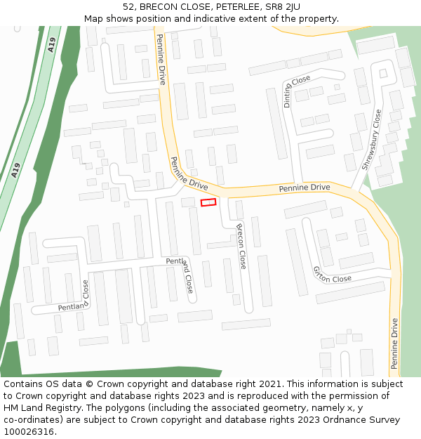 52, BRECON CLOSE, PETERLEE, SR8 2JU: Location map and indicative extent of plot