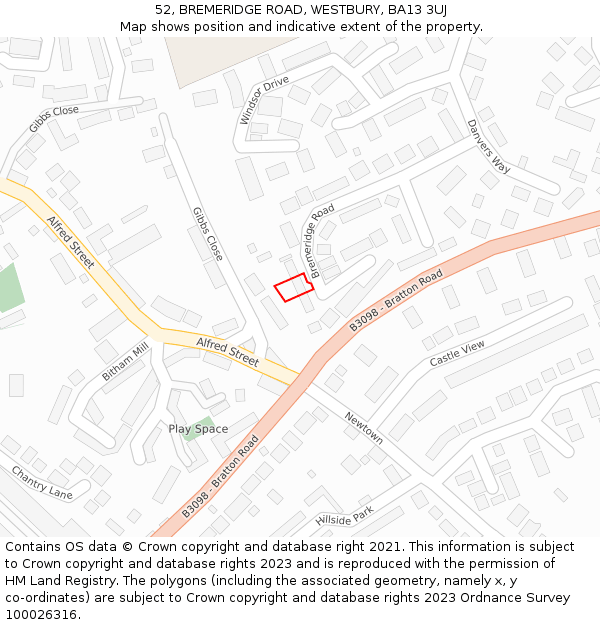 52, BREMERIDGE ROAD, WESTBURY, BA13 3UJ: Location map and indicative extent of plot