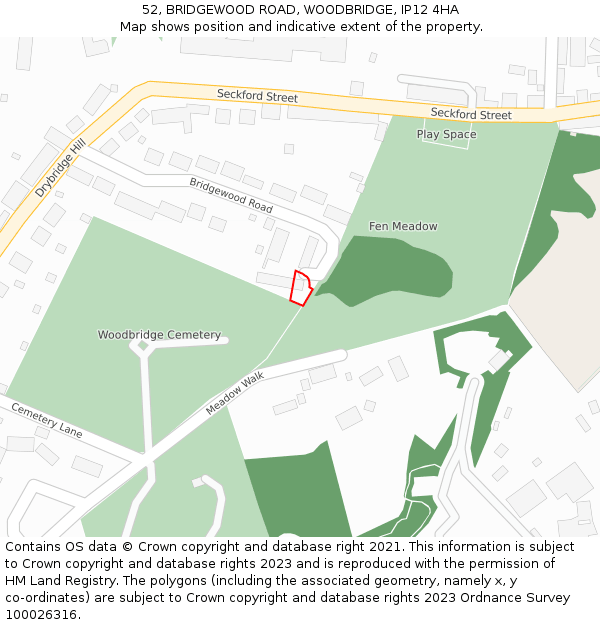 52, BRIDGEWOOD ROAD, WOODBRIDGE, IP12 4HA: Location map and indicative extent of plot