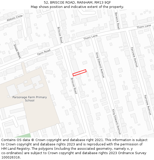 52, BRISCOE ROAD, RAINHAM, RM13 9QF: Location map and indicative extent of plot