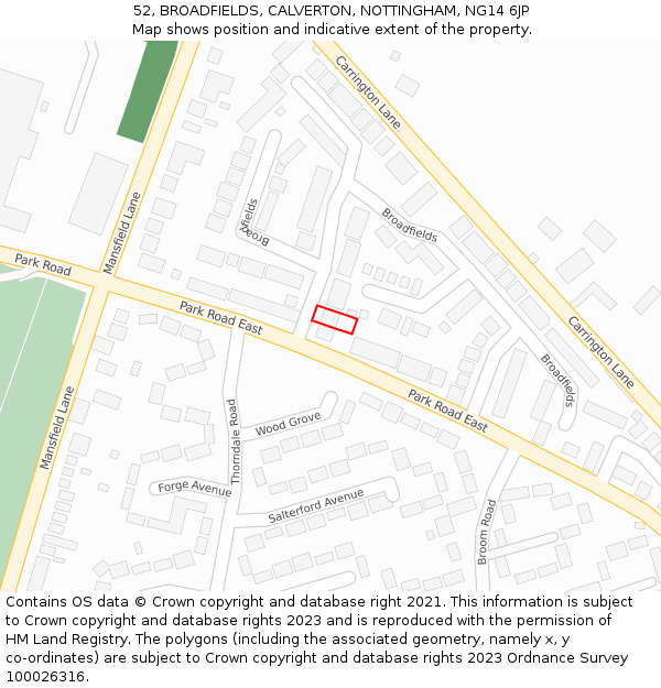 52, BROADFIELDS, CALVERTON, NOTTINGHAM, NG14 6JP: Location map and indicative extent of plot