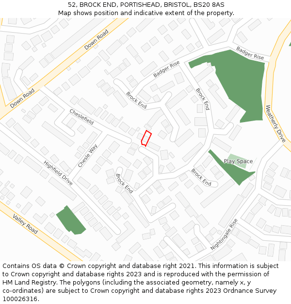52, BROCK END, PORTISHEAD, BRISTOL, BS20 8AS: Location map and indicative extent of plot