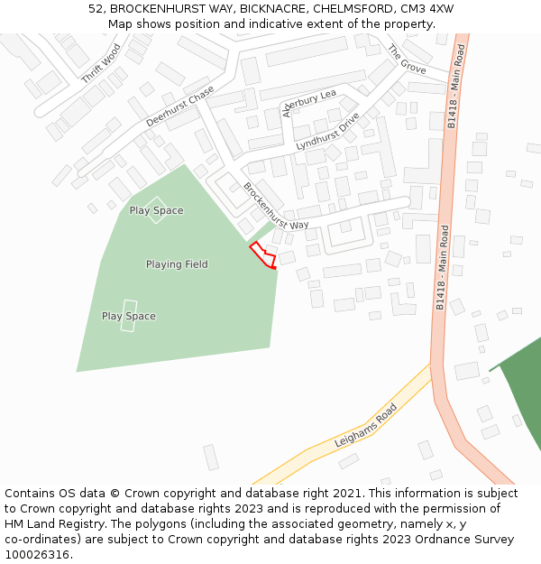 52, BROCKENHURST WAY, BICKNACRE, CHELMSFORD, CM3 4XW: Location map and indicative extent of plot