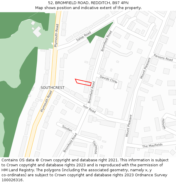 52, BROMFIELD ROAD, REDDITCH, B97 4PN: Location map and indicative extent of plot