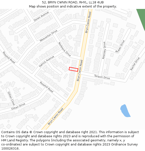 52, BRYN CWNIN ROAD, RHYL, LL18 4UB: Location map and indicative extent of plot