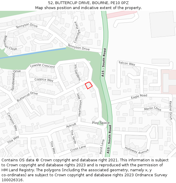 52, BUTTERCUP DRIVE, BOURNE, PE10 0PZ: Location map and indicative extent of plot