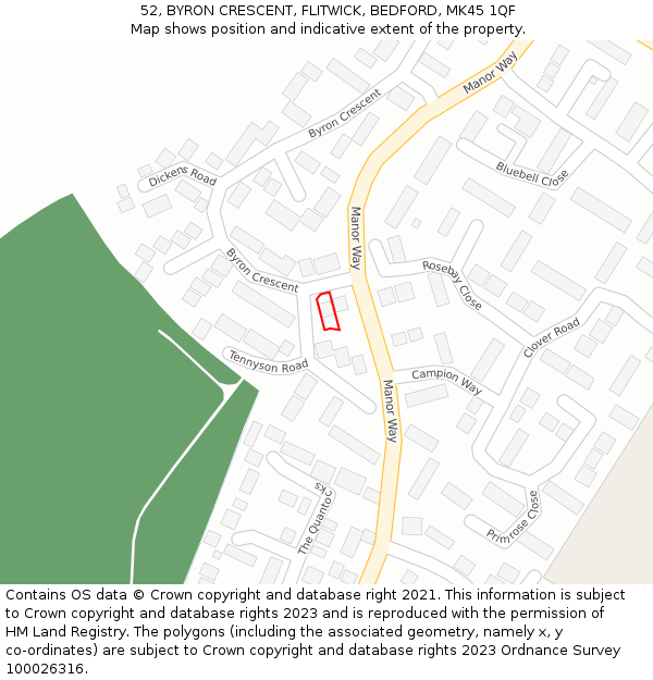 52, BYRON CRESCENT, FLITWICK, BEDFORD, MK45 1QF: Location map and indicative extent of plot