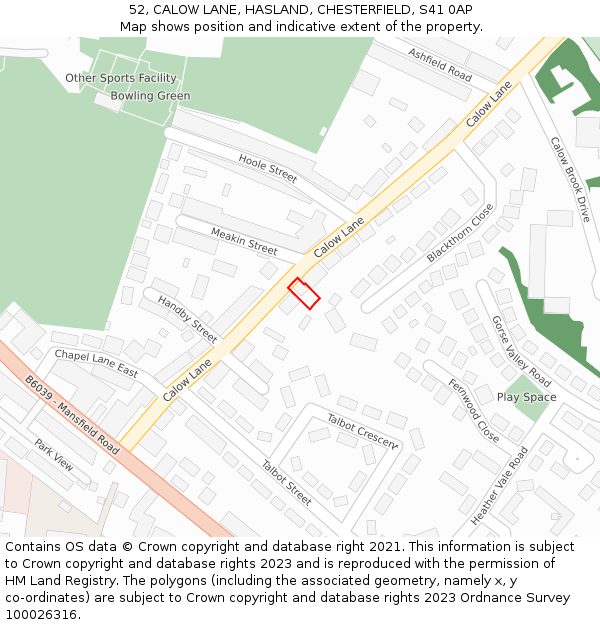 52, CALOW LANE, HASLAND, CHESTERFIELD, S41 0AP: Location map and indicative extent of plot