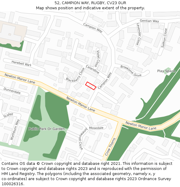 52, CAMPION WAY, RUGBY, CV23 0UR: Location map and indicative extent of plot