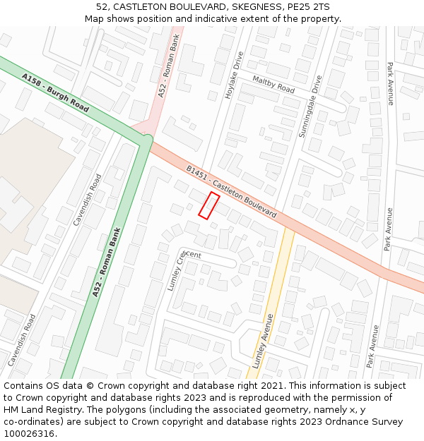 52, CASTLETON BOULEVARD, SKEGNESS, PE25 2TS: Location map and indicative extent of plot