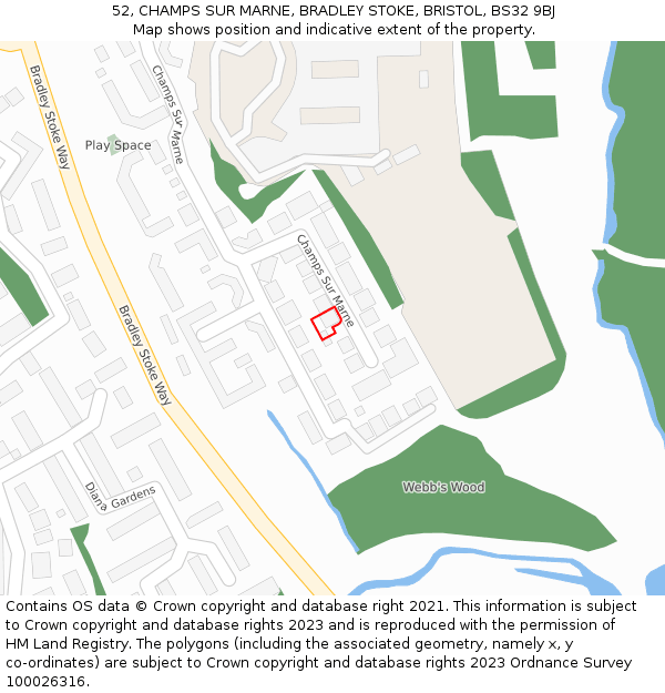 52, CHAMPS SUR MARNE, BRADLEY STOKE, BRISTOL, BS32 9BJ: Location map and indicative extent of plot