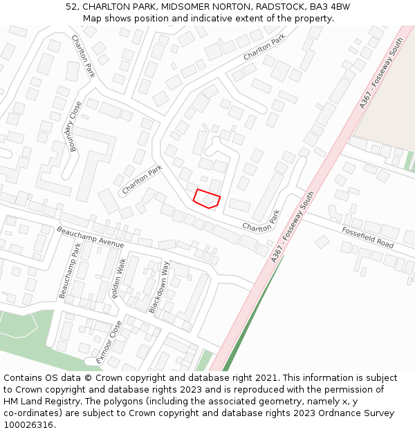 52, CHARLTON PARK, MIDSOMER NORTON, RADSTOCK, BA3 4BW: Location map and indicative extent of plot