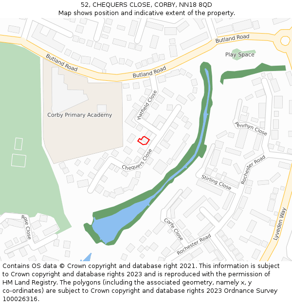 52, CHEQUERS CLOSE, CORBY, NN18 8QD: Location map and indicative extent of plot