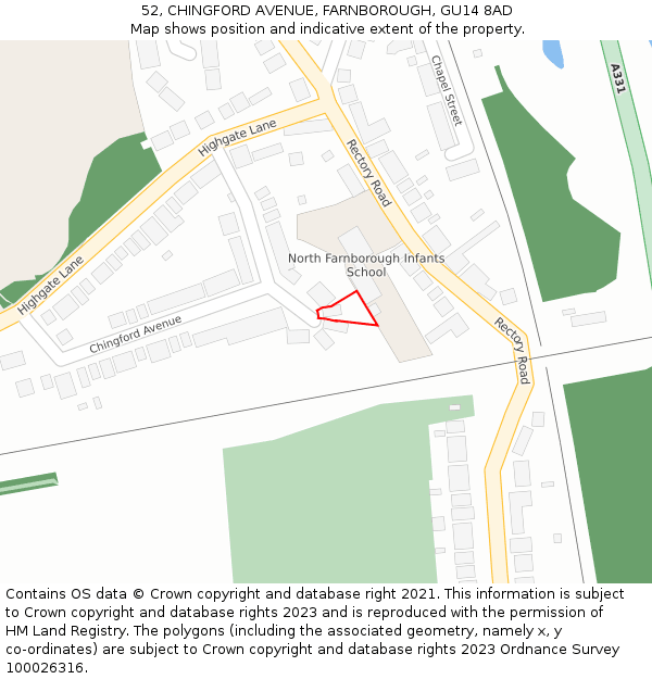 52, CHINGFORD AVENUE, FARNBOROUGH, GU14 8AD: Location map and indicative extent of plot
