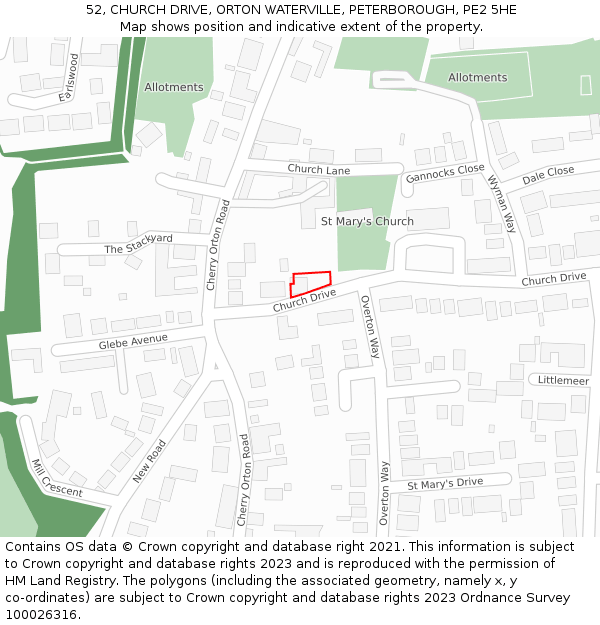 52, CHURCH DRIVE, ORTON WATERVILLE, PETERBOROUGH, PE2 5HE: Location map and indicative extent of plot