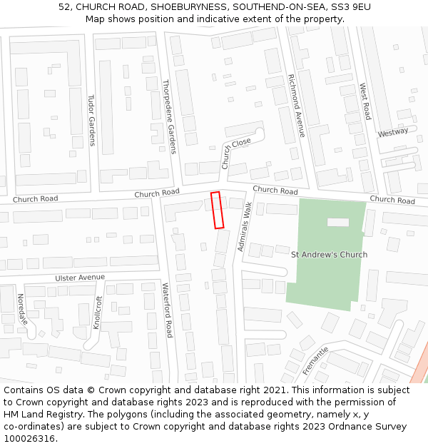 52, CHURCH ROAD, SHOEBURYNESS, SOUTHEND-ON-SEA, SS3 9EU: Location map and indicative extent of plot