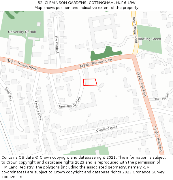 52, CLEMINSON GARDENS, COTTINGHAM, HU16 4RW: Location map and indicative extent of plot