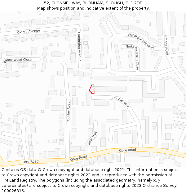 52, CLONMEL WAY, BURNHAM, SLOUGH, SL1 7DB: Location map and indicative extent of plot