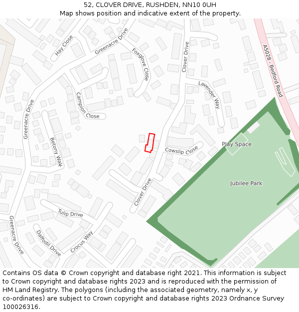 52, CLOVER DRIVE, RUSHDEN, NN10 0UH: Location map and indicative extent of plot