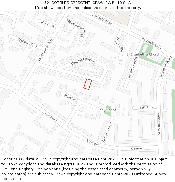 52, COBBLES CRESCENT, CRAWLEY, RH10 8HA: Location map and indicative extent of plot