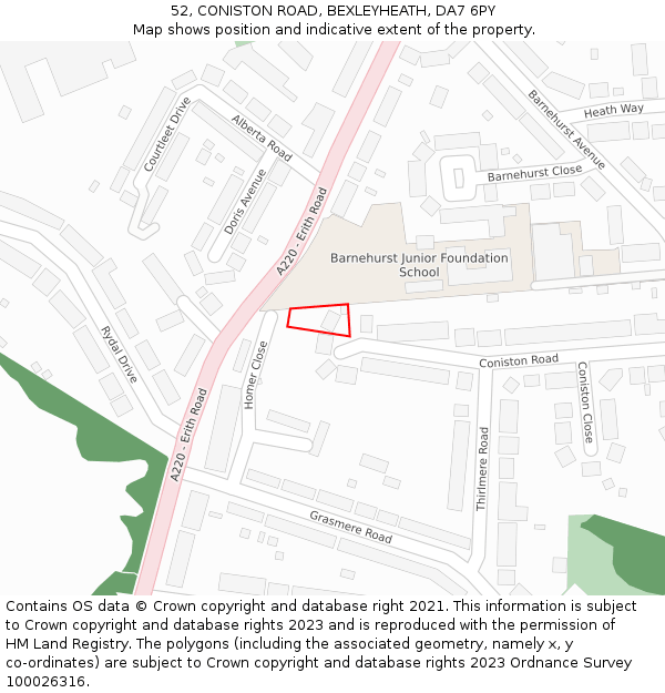 52, CONISTON ROAD, BEXLEYHEATH, DA7 6PY: Location map and indicative extent of plot