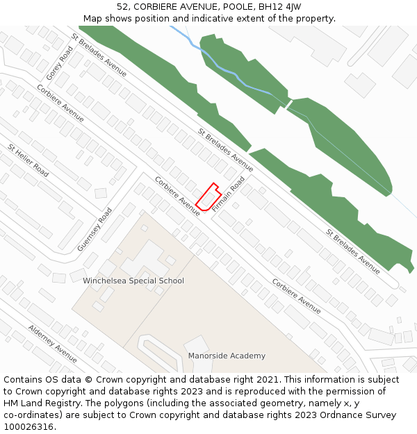 52, CORBIERE AVENUE, POOLE, BH12 4JW: Location map and indicative extent of plot