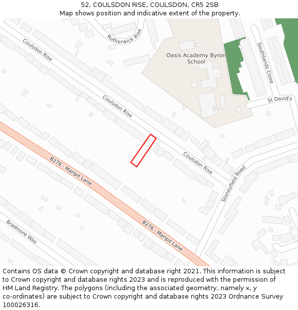 52, COULSDON RISE, COULSDON, CR5 2SB: Location map and indicative extent of plot