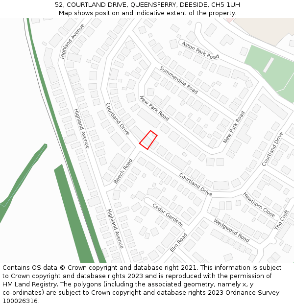 52, COURTLAND DRIVE, QUEENSFERRY, DEESIDE, CH5 1UH: Location map and indicative extent of plot