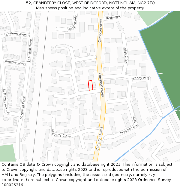 52, CRANBERRY CLOSE, WEST BRIDGFORD, NOTTINGHAM, NG2 7TQ: Location map and indicative extent of plot