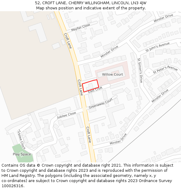 52, CROFT LANE, CHERRY WILLINGHAM, LINCOLN, LN3 4JW: Location map and indicative extent of plot