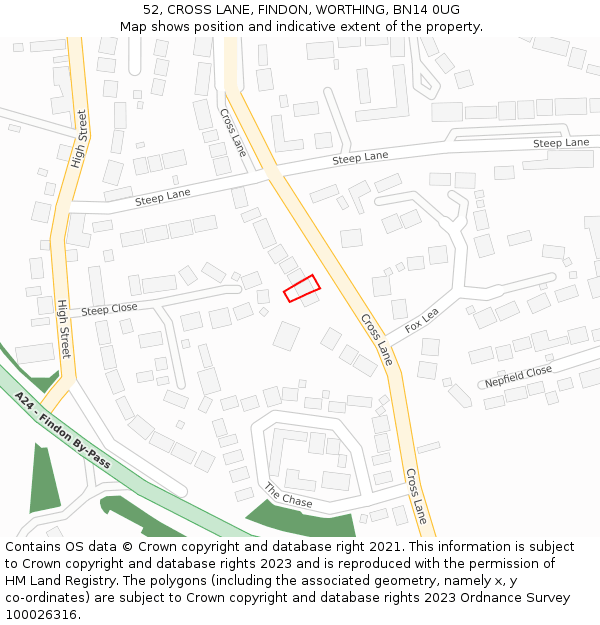 52, CROSS LANE, FINDON, WORTHING, BN14 0UG: Location map and indicative extent of plot