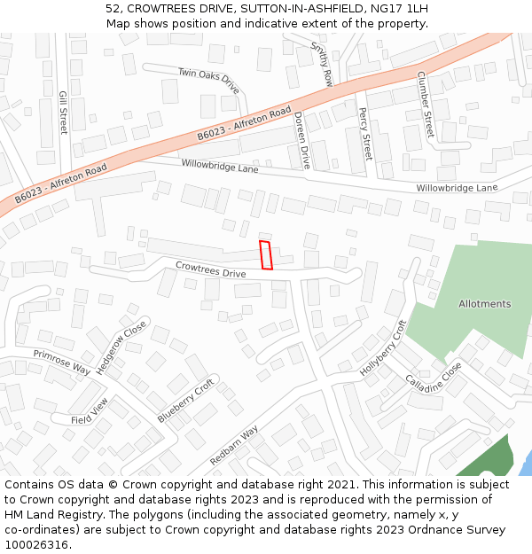 52, CROWTREES DRIVE, SUTTON-IN-ASHFIELD, NG17 1LH: Location map and indicative extent of plot