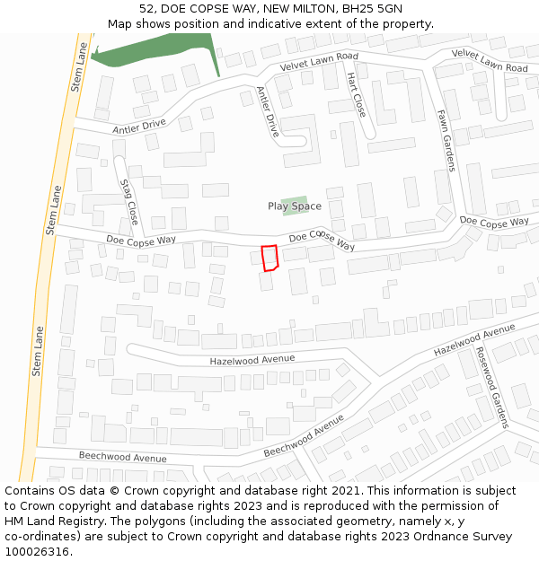 52, DOE COPSE WAY, NEW MILTON, BH25 5GN: Location map and indicative extent of plot