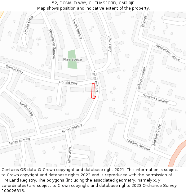 52, DONALD WAY, CHELMSFORD, CM2 9JE: Location map and indicative extent of plot